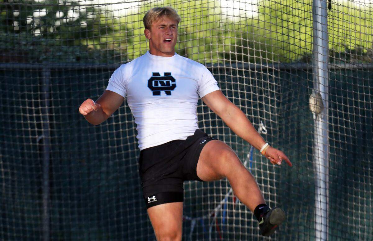 Clovis North junior McKay Madsen had two throws over 200 feet -- including the winning throw of 206-8, a personal record -- to win the boys discus title at the 2024 CIF Track and Field Championships at Buchanan High (Clovis) on May 25, 2024.