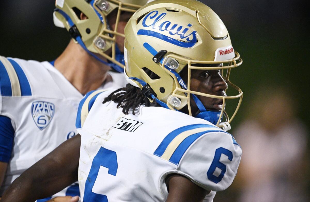 Clovis High wide receiver Carlos Young after scoring a touchdown against Buchanan Friday, Oct. 4, 2024 in Clovis. Clovis led Buchanan 14-3 at haltime.