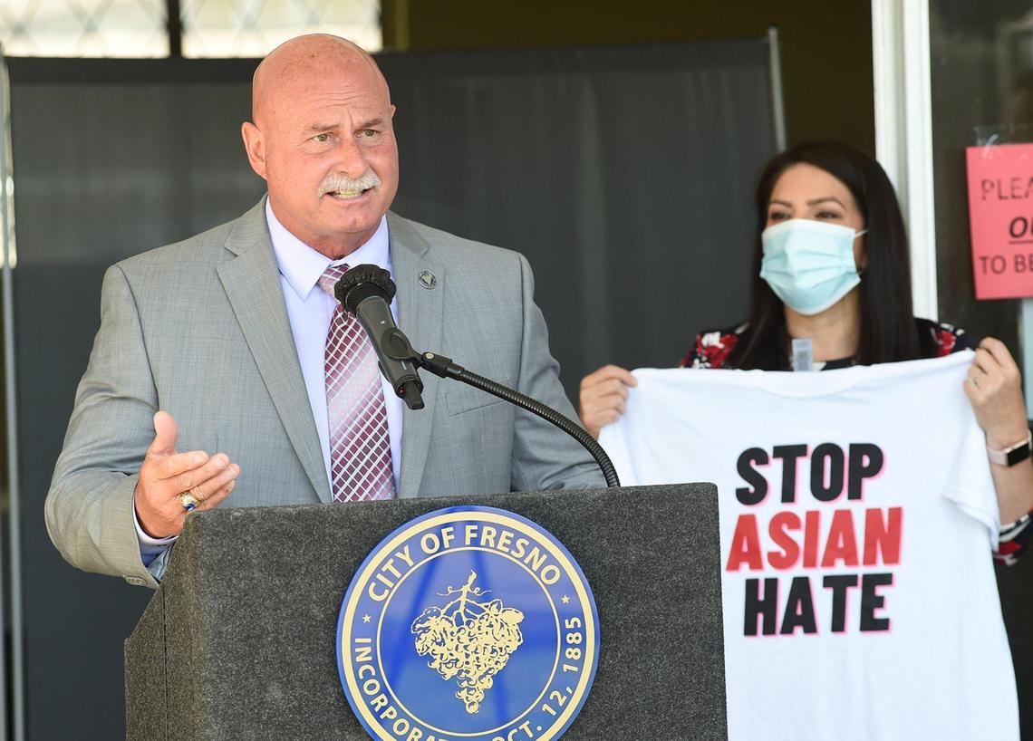 Mayor Jerry Dyer speaks during a press conference, April 6, 2021 at Fresno Interdenominational Refugee Ministries (FIRM) to Denounce Discrimination Against Asian American Communities and Share City’s Plan to Implement Community-Centered Solutions, as Councilmember Esmeralda Soria stands by.