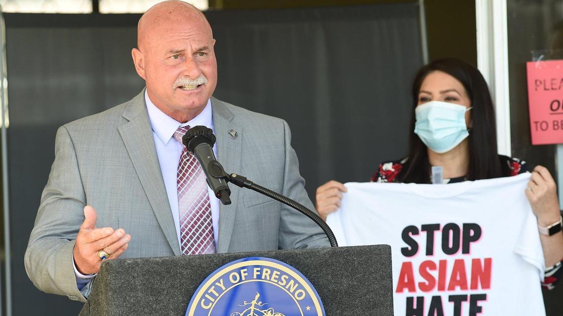 Mayor Jerry Dyer speaks during a press conference, April 6, 2021 at Fresno Interdenominational Refugee Ministries (FIRM) to denounce discrimination against Asian American communities and share the city’s plan to implement community-centered solutions, as Council member Esmeralda Soria listens.