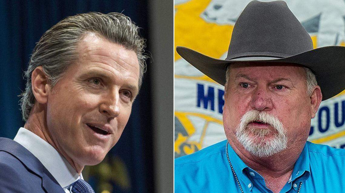Gov. Gavin Newsom, left, has come under strident criticism from Merced County Sheriff Vern Warnke over COVID-19 emergency orders.