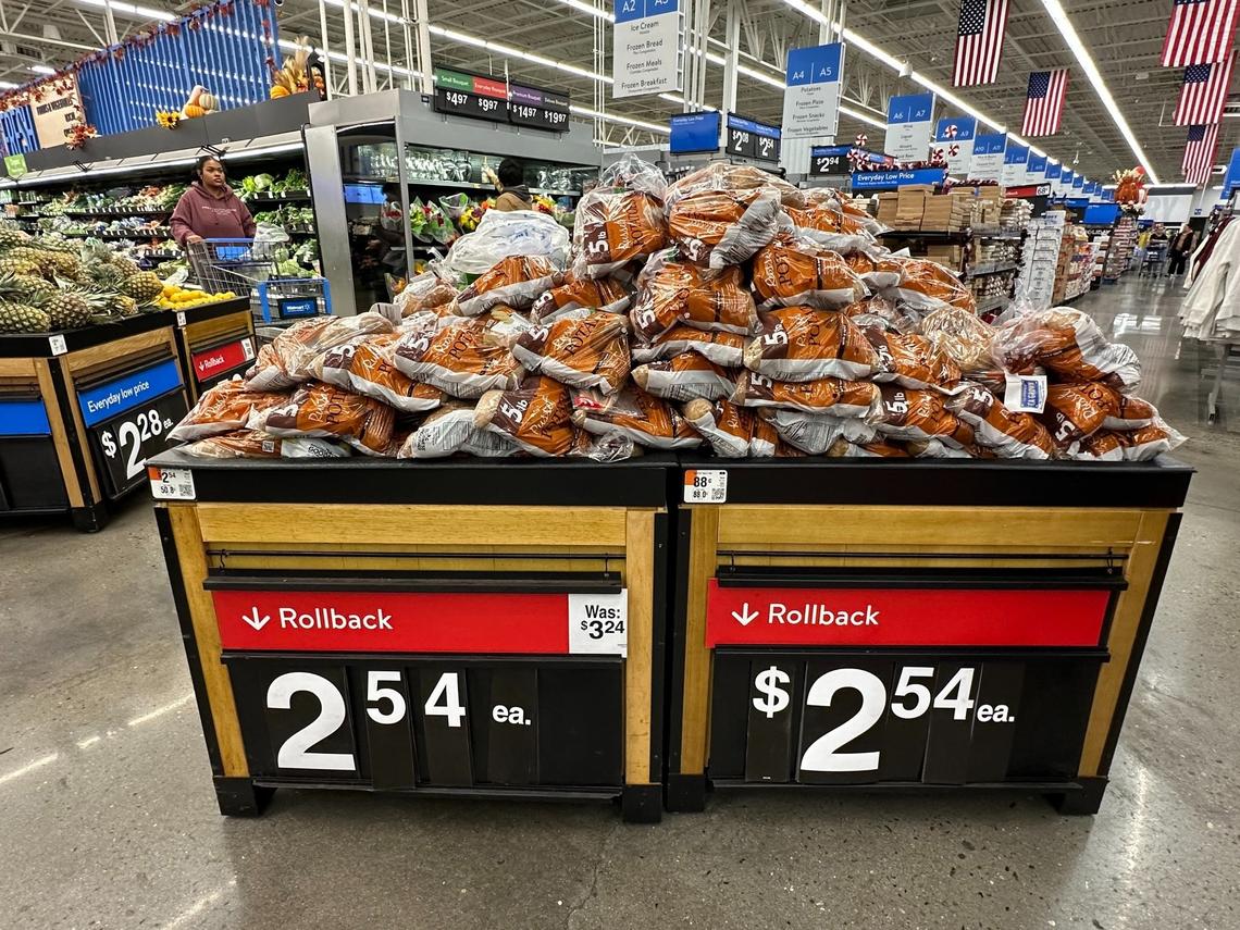 A bag of russet potatoes at Walmart Supercenter, 7065 North Ingram Ave. in Fresno, cost $2.54 for five pounds on Thursday, Nov. 21 2024