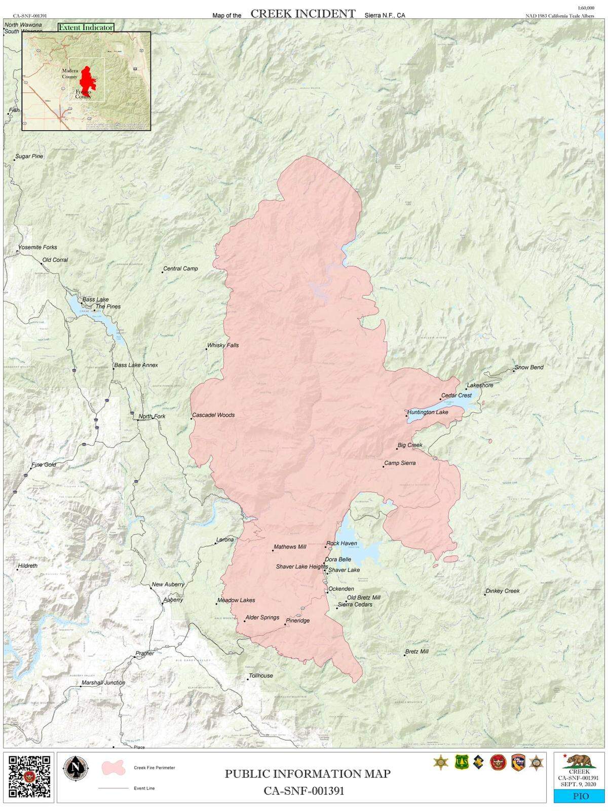 Map of the Creek Fire burning in Fresno and Madera counties as posted by the U.S. Forest Service on Wednesday, Sept. 9, 2020.