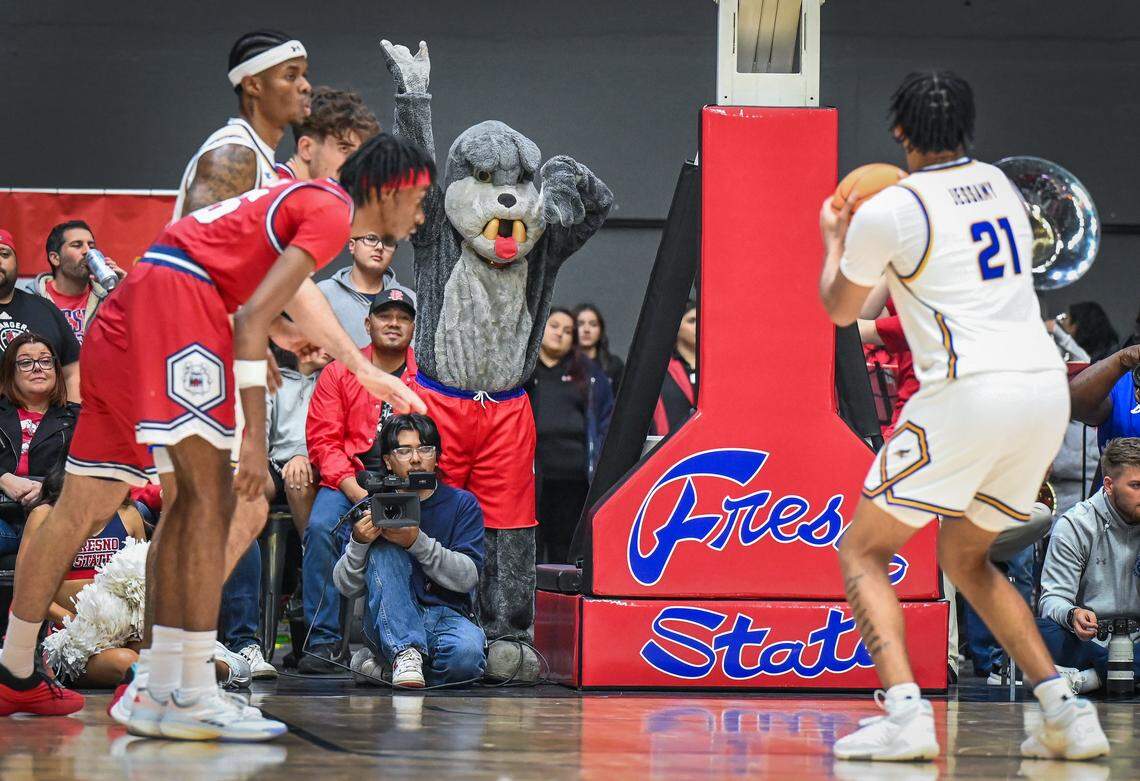 Old school Time Out tries to distract CSU Bakersfield's Ronald Jessamy as he attempts a free throw during Fresno State's non-conference game at Selland Arena in downtown Fresno for the “Return to Selland” game on Sunday, Nov. 30, 2025.