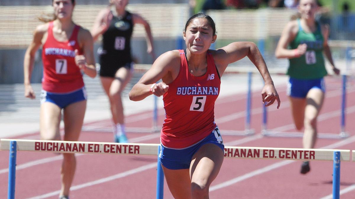 Buchanan’s Alexa Dandridge places first in the 300 Hurdles Invitational at the West Coast Relays, held Saturday, May 1, 2021 in Clovis.