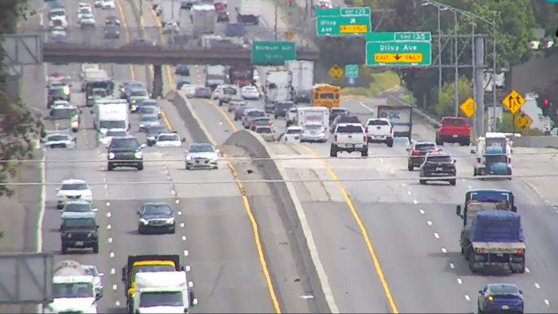 An image from a Caltrans camera shows traffic flowing on Highway 99 as seen looking south from Clinton Avenue on Tuesday, April 18, 2023. Caltrans is planning a major rehabilitation of the freeway pavement between Clinton Avenue and El Dorado Street, about three miles to the south. Work is expected to start in late 2024 and continue into 2029.