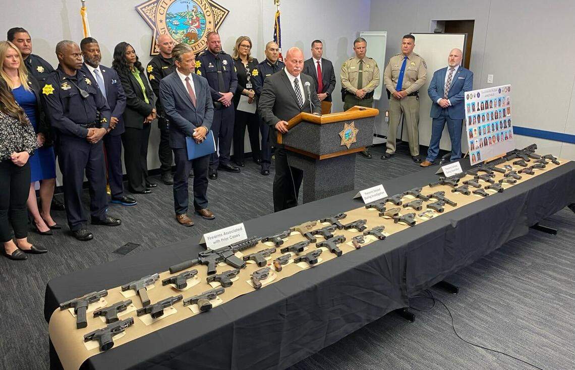 Fresno Mayor Jerry Dyer speaks during a joint press conference on Friday, April 15, 2022. Illegal guns were confiscated during a five-month operation named “No Fly Zone.”