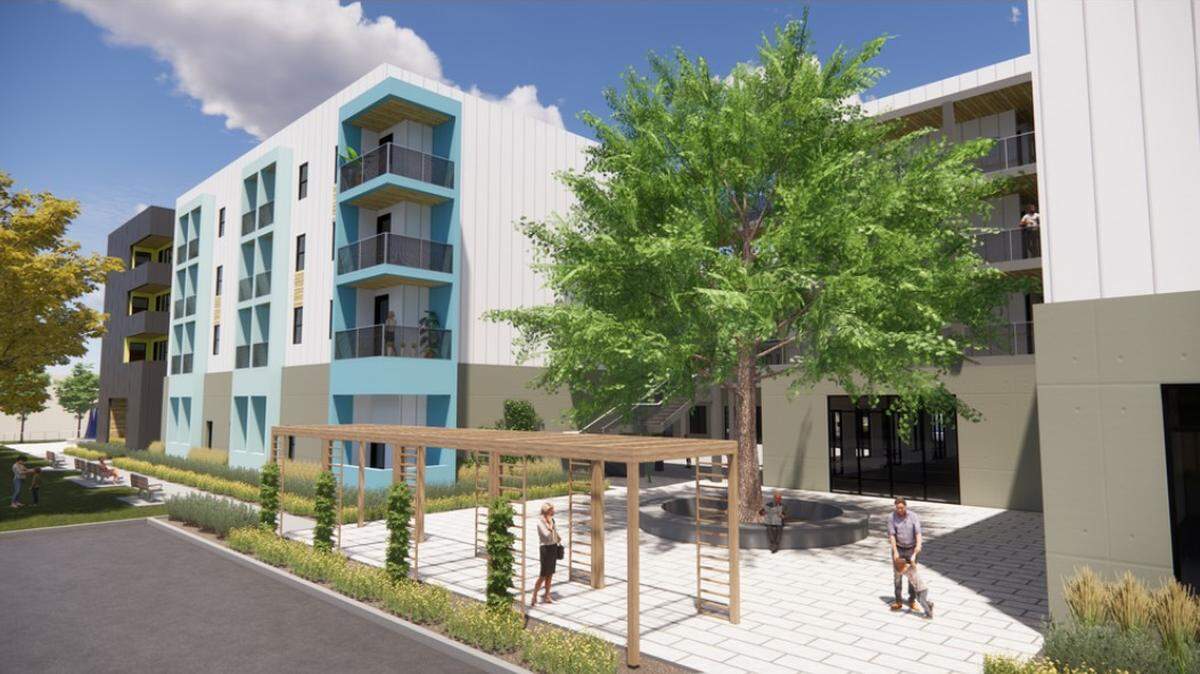 An artist’s rendering depicts part of The Dakota, a planned complex of 114 affordable apartments at Dakota and Blackstone avenues in central Fresno.