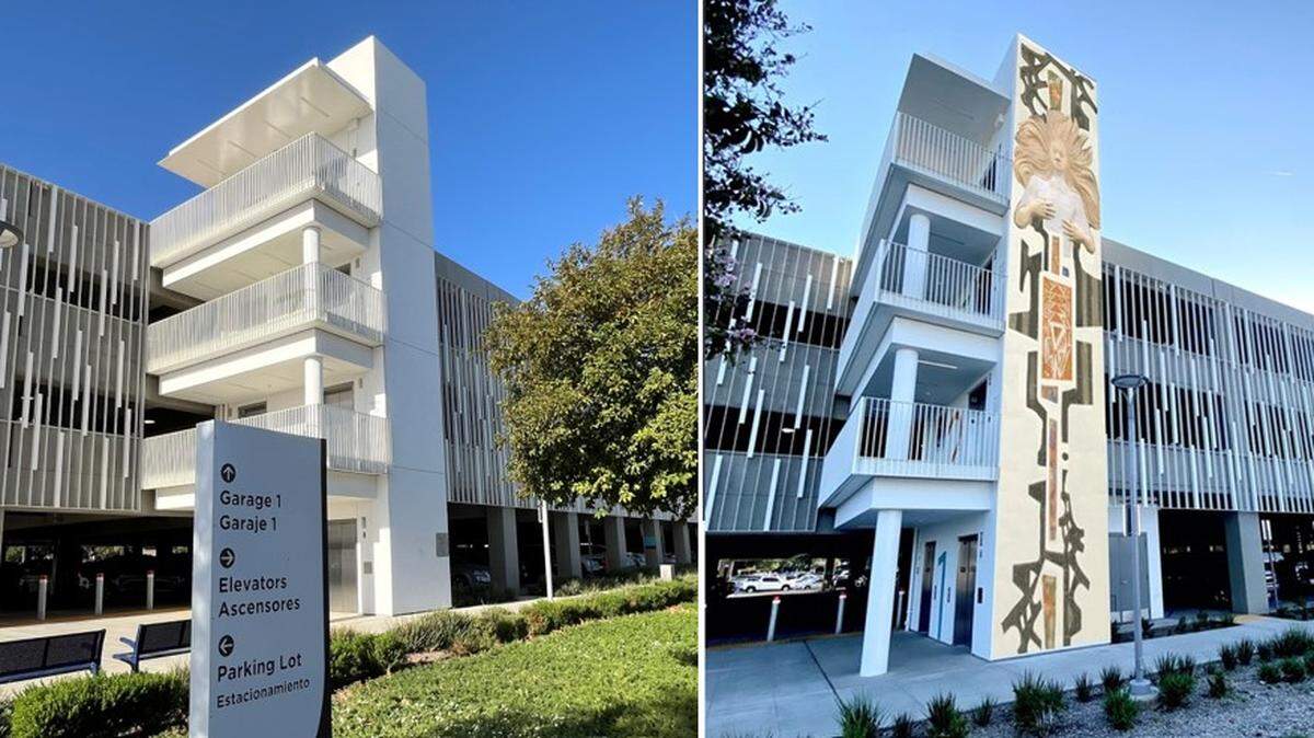 The exterior wall of the elevators at Fresno Yosemite International Airport remains blank, left, in a photo taken Oct. 18, 2024. At right is an artist’s rendering of a planned new public art project entitled “You Have Arrived” by Fresno City College art professor Caleb Duarte. Originally planned for installation in the spring of 2023, the installation of the artwork is now delayed until the spring of 2025.