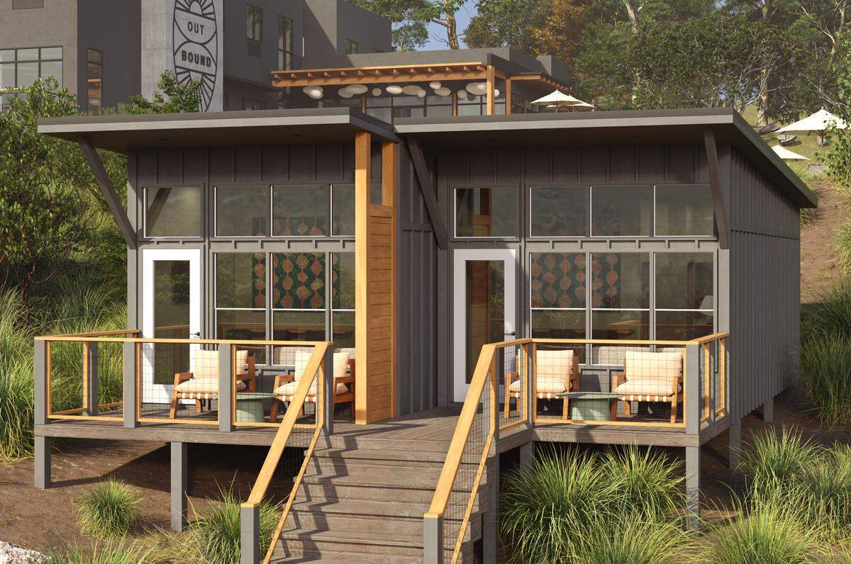 A rendering shows what a cabin will look like at the Outbound Yosemite resort slated to open in early 2026.