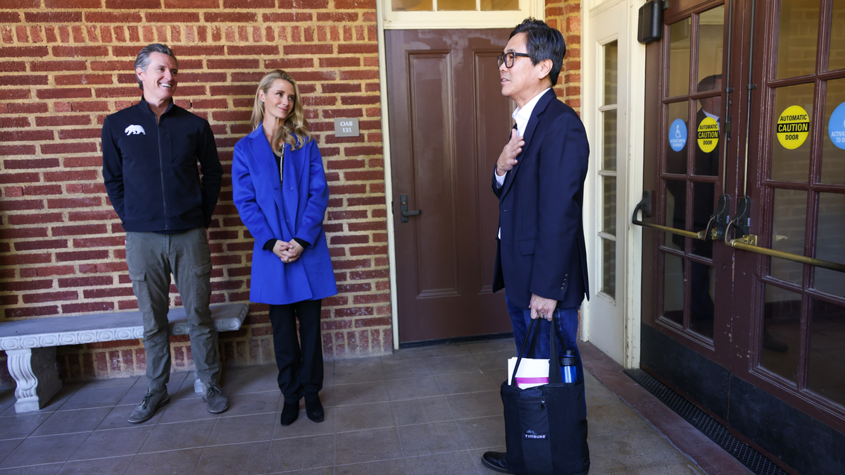 Governor Gavin Newsom and first partner Jennifer Siebel Newsom meet with new California Poet Laureate Lee Herrick. The couple on Thursday, Nov. 10, 2022, visited Herrick’s Fresno City College classroom to personally inform him of his appointment.
