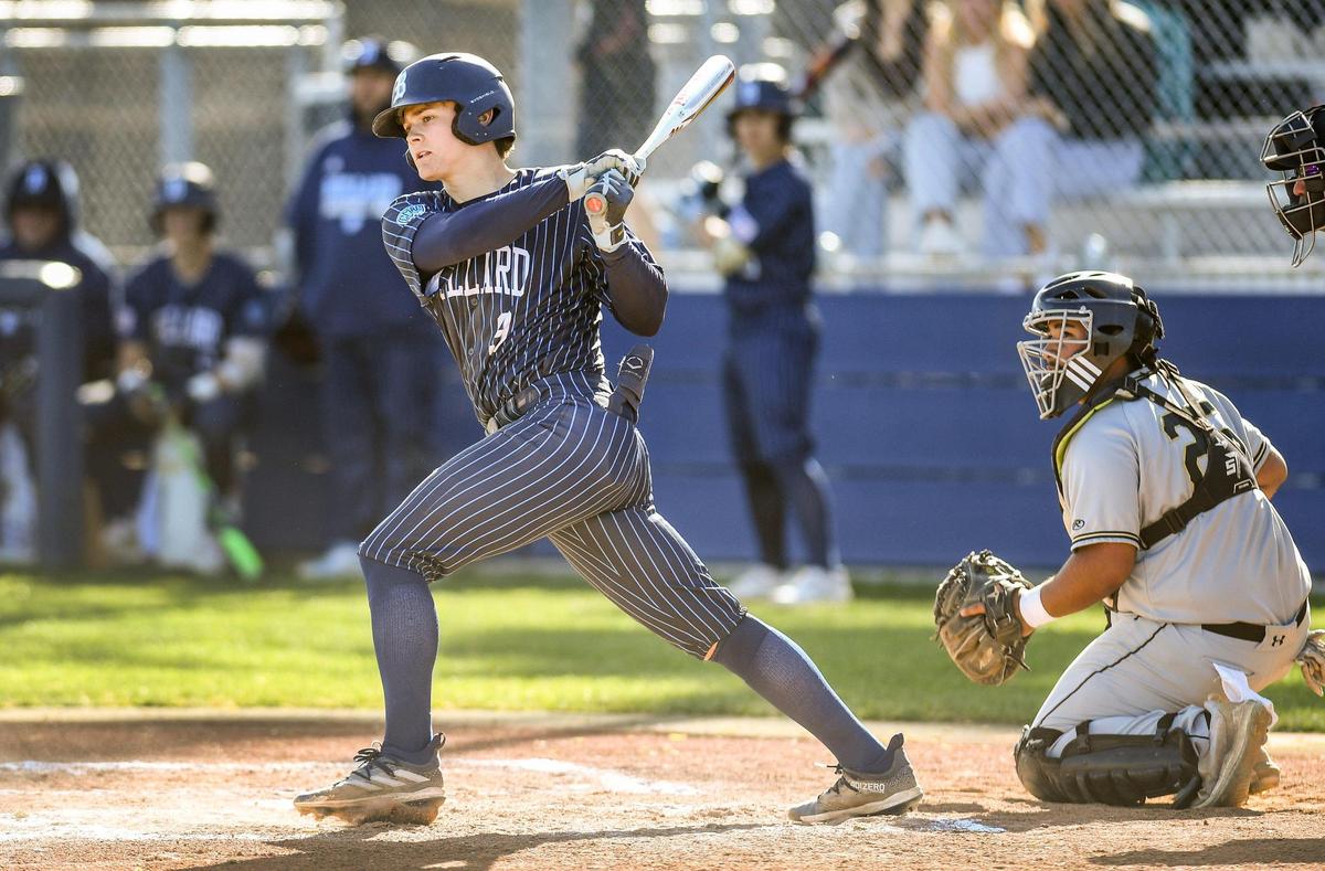 Bullard’s Nick Stubblefield hits an RBI single against Buhach Colony in their game at Bullard High School on Monday, April 3, 2023.