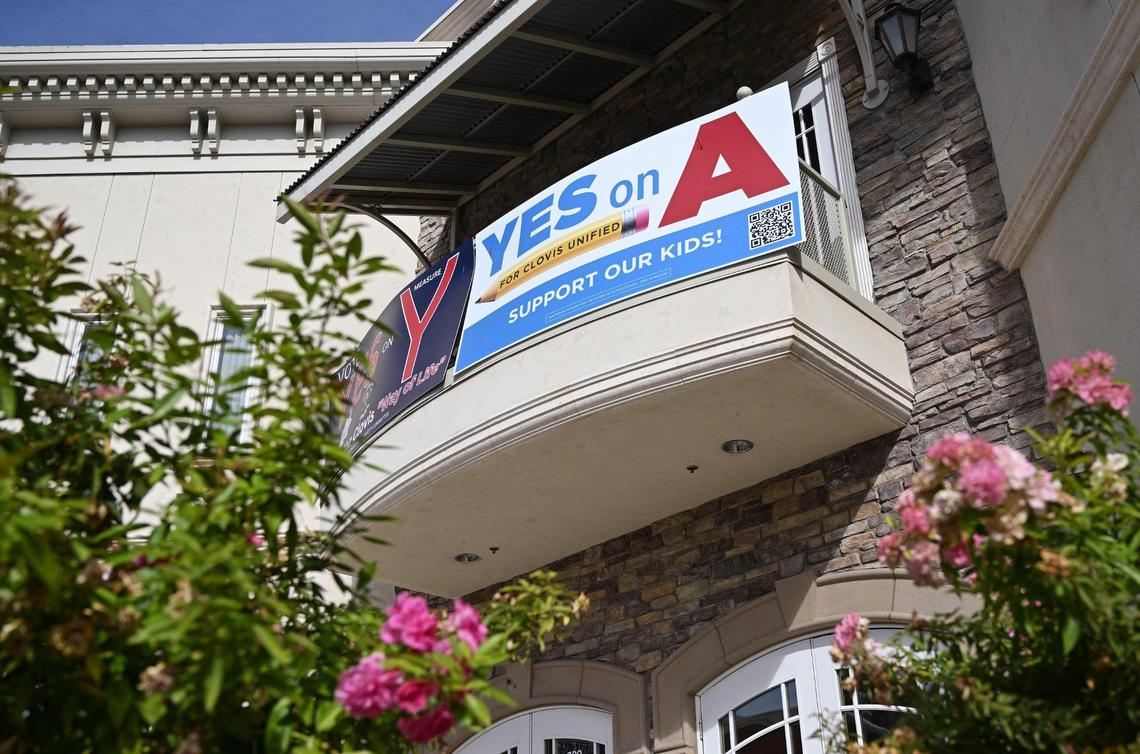 A sign for Clovis Unified’s Measure A is seen at Clovis Avenue and 5th Street Wednesday, Nov. 6, 2024 in Clovis. The district’s $400 million measure would modernize school facilities and finish construction of a new Clovis South High School.