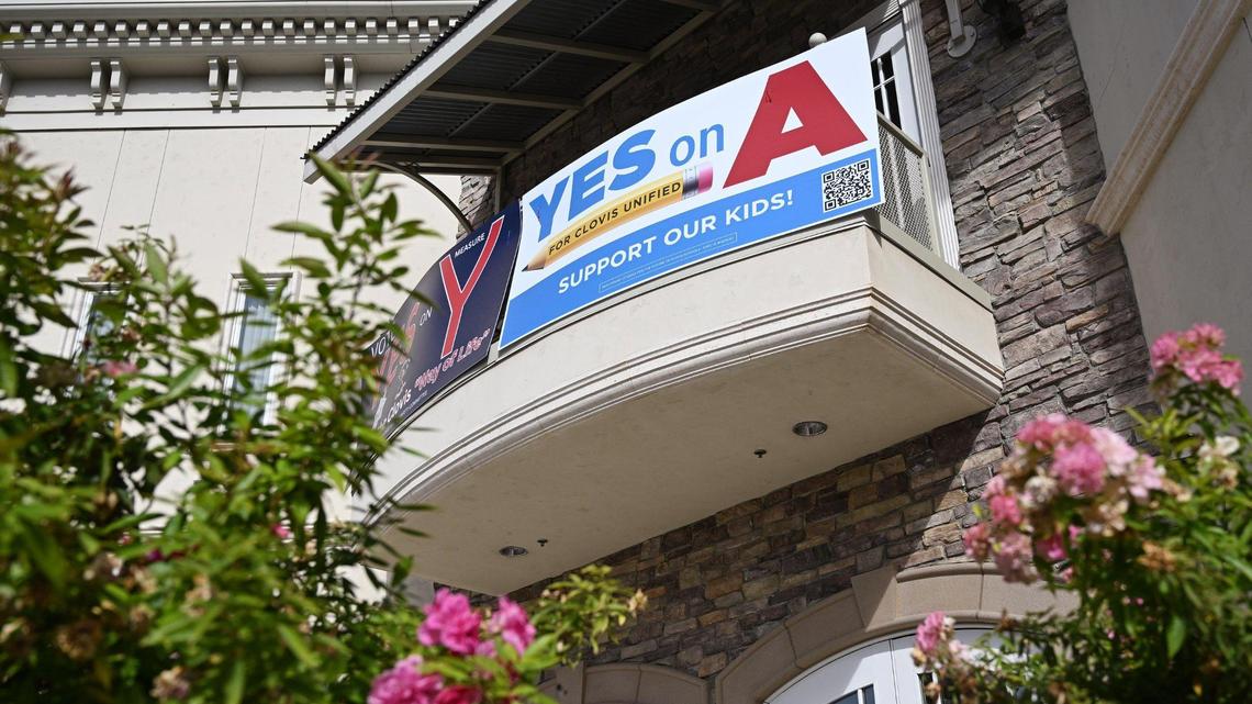 A sign for Clovis Unified’s Measure A is seen at Clovis Avenue and 5th Street Wednesday, Nov. 6, 2024 in Clovis. The district’s $400 million measure would modernize school facilities and finish construction of a new Clovis South High School.