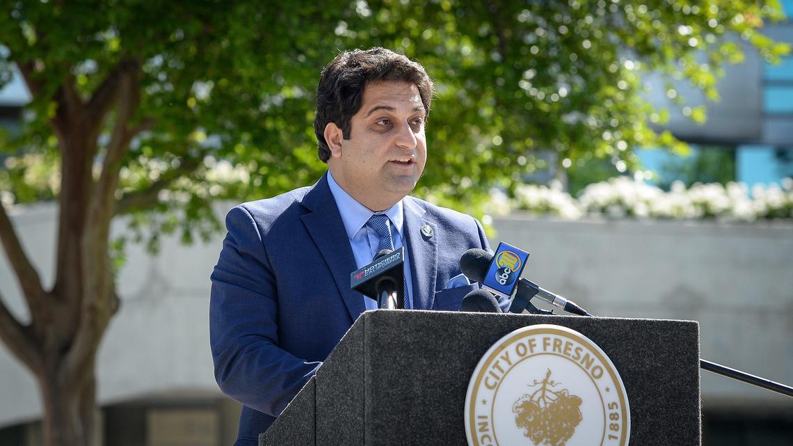 Fresno City Council member Mike Karbassi holds a news conference outside City Hall on Monday, April 27, 2020