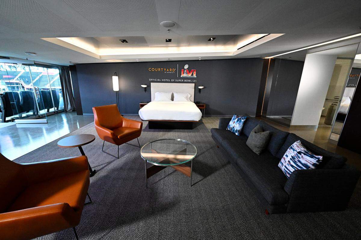 This image provided by Courtyard by Marriott shows the stadium suite at Sofi Stadium in Inglewood, Calif., Feb. 3, 2022, the site of NFL football’s Super Bowl 56.