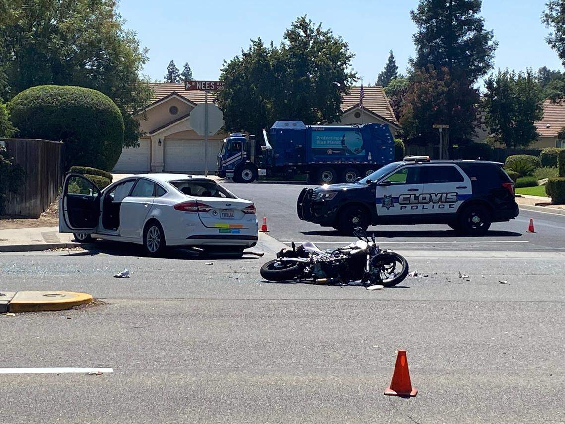A motorcyclist suffered critical injuries Wednesday, Aug. 30, 2023, in a collision with a car, Clovis police said.