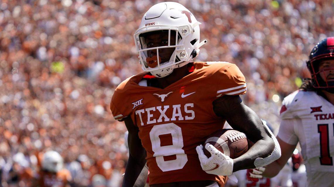 Texas wide receiver Xavier Worthy (8) runs against Texas Tech during the second half of an NCAA college football game on Saturday, Sept. 25, 2021, in Austin, Texas.