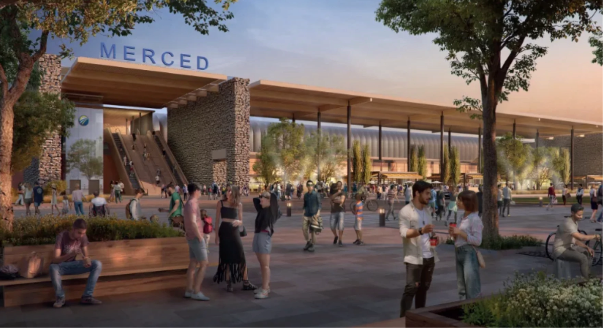 A drawing shows the proposed downtown Merced station for the California High-Speed Rail.