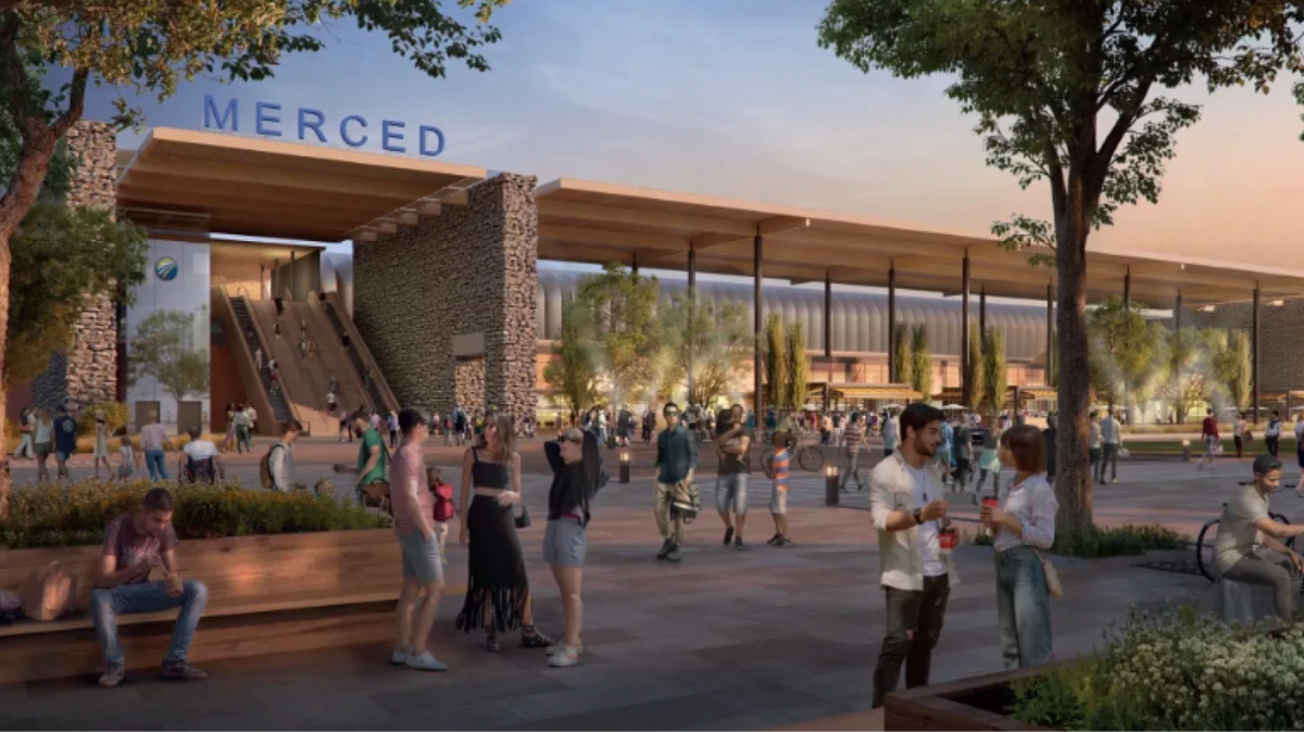 A drawing shows the proposed downtown Merced station for the California High-Speed Rail.