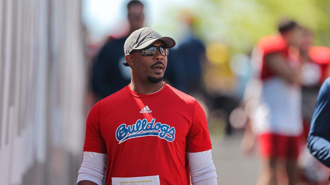 Running backs coach James Montgomery gets ready for the Fresno State 2022 spring preview at Bulldog Stadium. Montgomery is moving to the same position at Boise State.