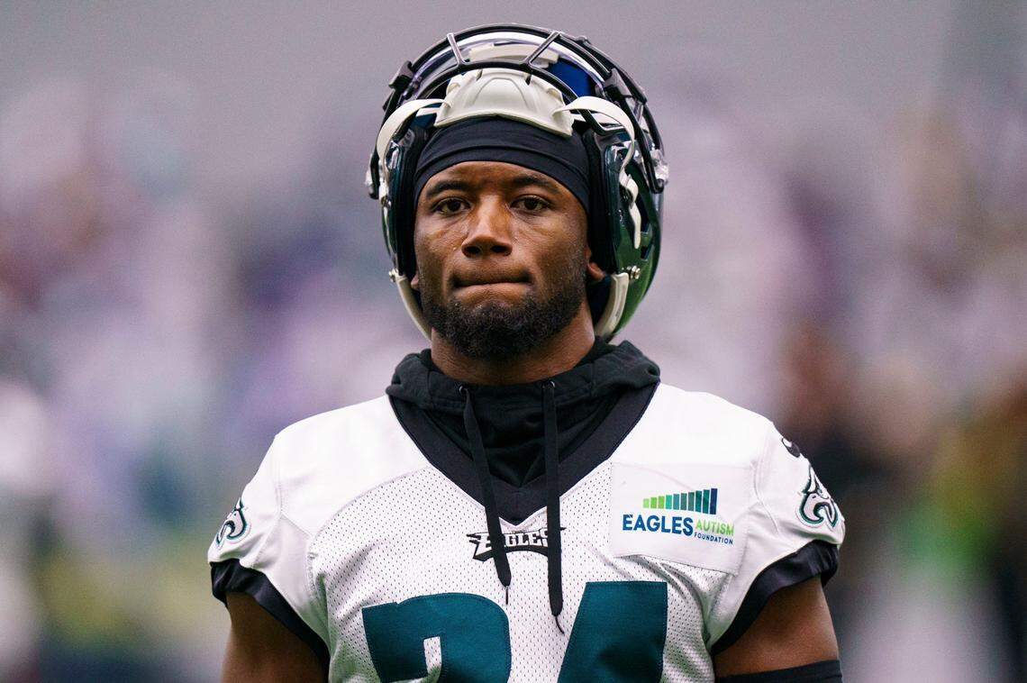 Philadelphia Eagles cornerback James Bradberry looks on during an NFL football workout, Thursday, Jan. 26, 2023, in Philadelphia.