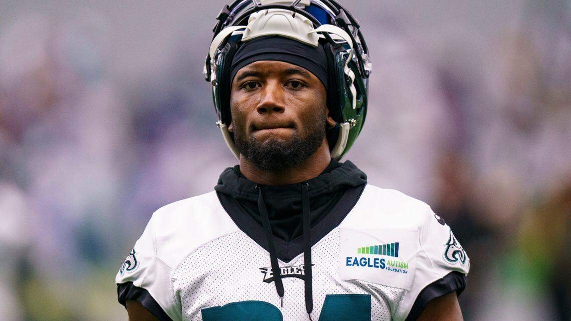 Philadelphia Eagles cornerback James Bradberry looks on during an NFL football workout, Thursday, Jan. 26, 2023, in Philadelphia.