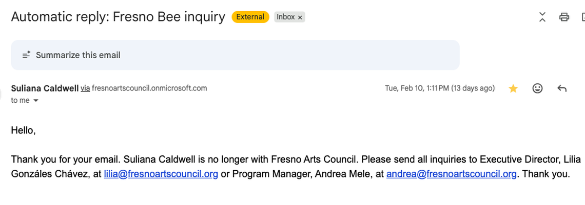 Email to Suliana Caldwell’s Fresno Arts Council email in February confirms she is no longer with the organization.