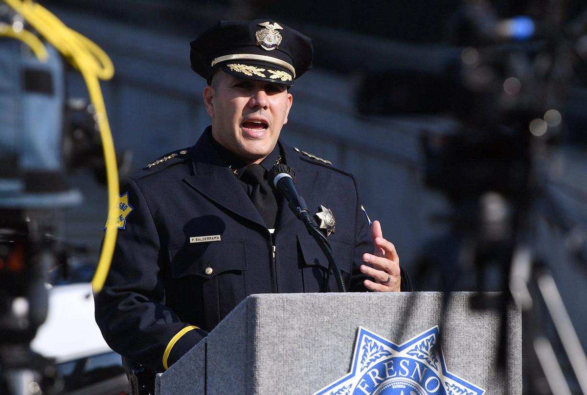 FresnoÕs newly-sworn-in police chief Paco Balderrama speaks to the media in front of Fresno City Hall Monday morning, Jan. 11, 2021 in Fresno.