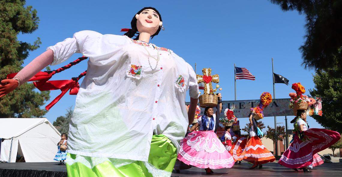 Grupo Folklórico El Valle de Santa Helena performs Chinas Oaxaqueñas from the central valleys of Oaxaca, México during the Guelaguetza Fresno 2025 at Fresno City College on Sept. 28, 2025.
