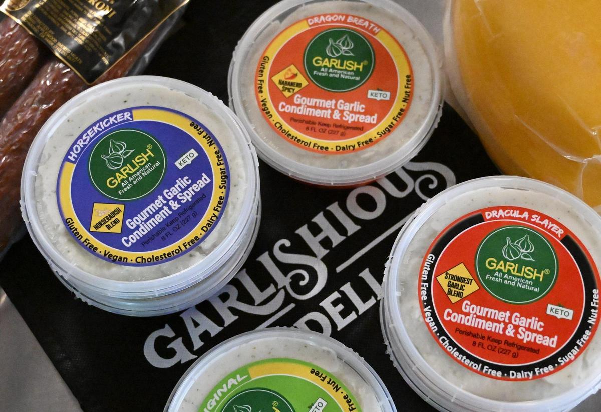 Garlish is the new freshly made condiment spread featuring garlic at Karla and Jesse Lugo’s new Garlicious Deli along Fresno Street just north of Fresno City Hall. Pictured are the three regular flavors plus one special version called Horsekicker for lovers of horseradish Photographed Thursday, Oct. 19, 2023 in Fresno.