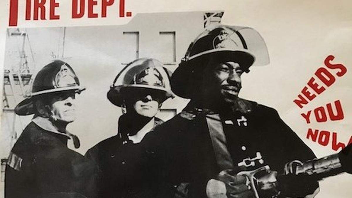 Portion of a 1973 Fresno Fire Department recruit advertisement featuring Floyd White, right.
