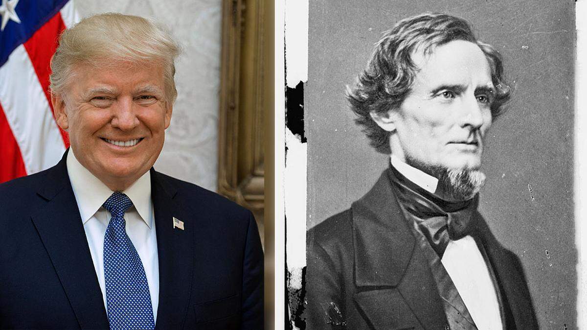 Donald Trump, left, faces a court case over the question of whether he participated in an insurrection for the Jan. 6, 2021 rioting at the U.S. Capitol. Jefferson Davis, right, was president of the Confederacy. Though he had been a U.S. senator before the Civil War, Davis’ role in the Confederacy disqualified him from ever serving in government again.