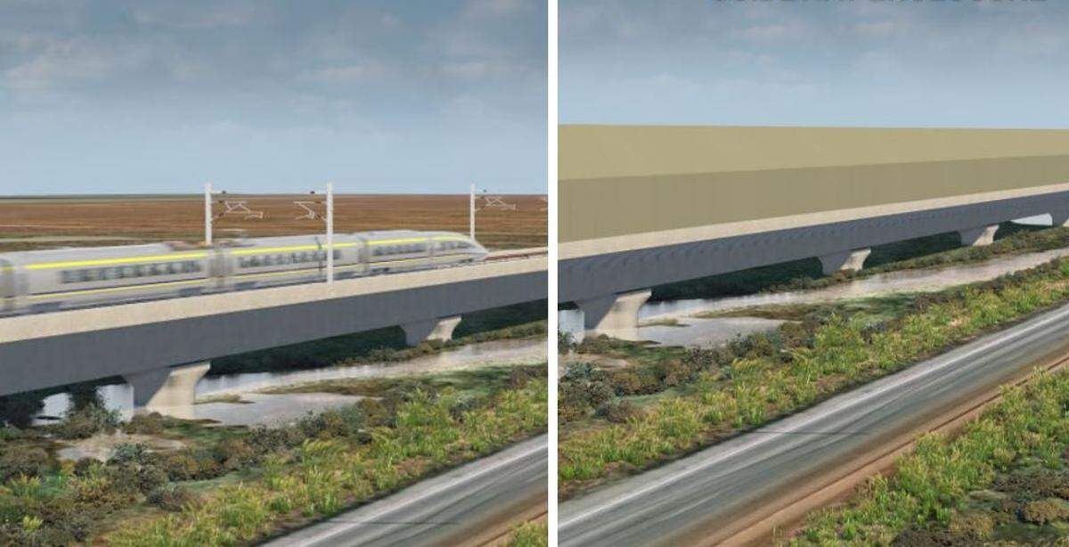 An artist’s rendering shows two versions of viaducts to be built over wetlands in western Merced County: one on the left with exposed overhead electrical lines to power the trains structure, and on the right is one that’s enclosed to prevent birds from landing on the power lines.