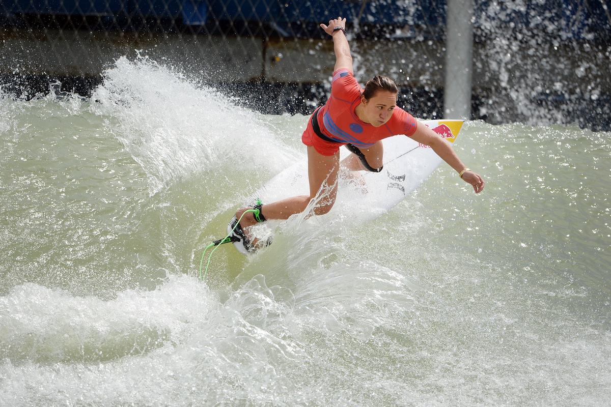 Carissa Moore of Oahu competes in her first-round qualifying run during the World Surfing League Founders’ Cup at the Kelly Slater Surf Ranch in Lemoore on Saturday, May 5, 2018.
