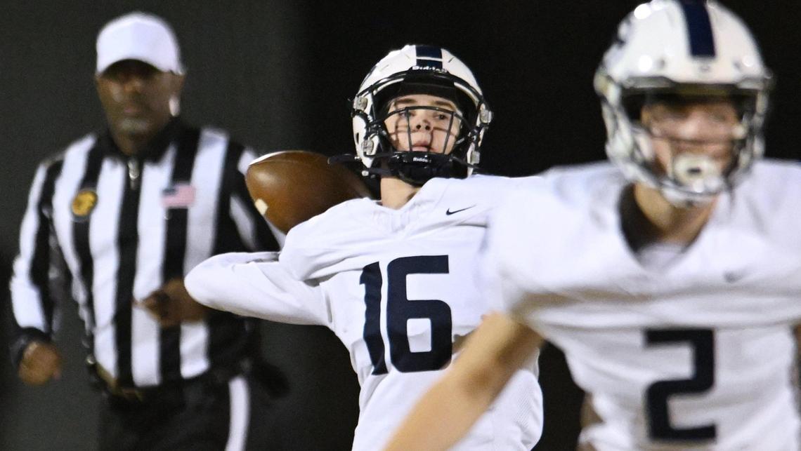 Central Valley Christian quarterback Nathan Peters passes against Golden West in the D2 semifinal championship game Friday night, Nov. 22, 2024 in Visalia. CVC beat Golden West 28-7 and will face Bakersfield in next week’s final.