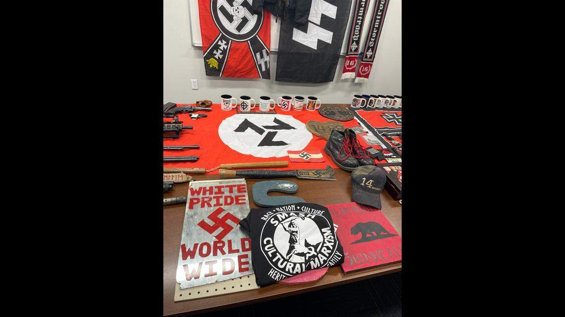 Evidence seized by authorities in Fresno, California, with five suspects accused in a series of bombings includes Nazi paraphernalia, Fresno Police Chief Paco Balderrama said during a news conference Wednesday, March 1, 2023.
