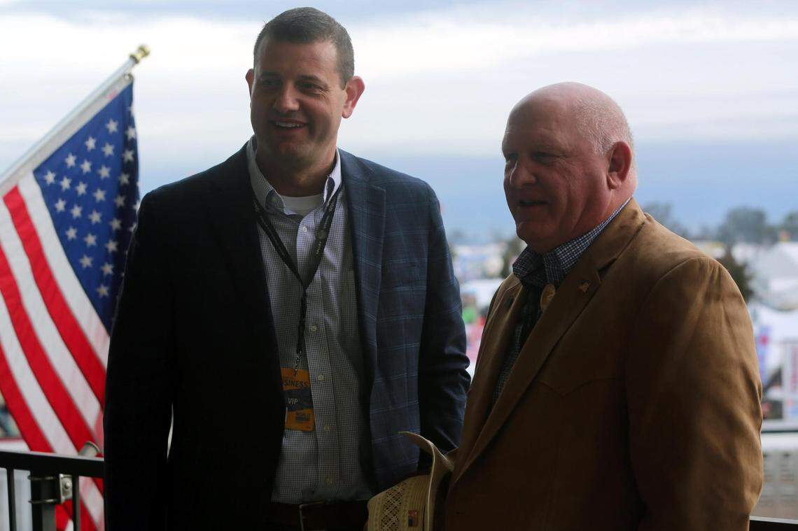 Valley Congressman David Valadao, left, with House Agriculture Committee Chair Glenn ‘GT’ Thompson, R-Pennsylvania at the World Ag Expo in Tulare on Tuesday, Feb. 14, 2023.