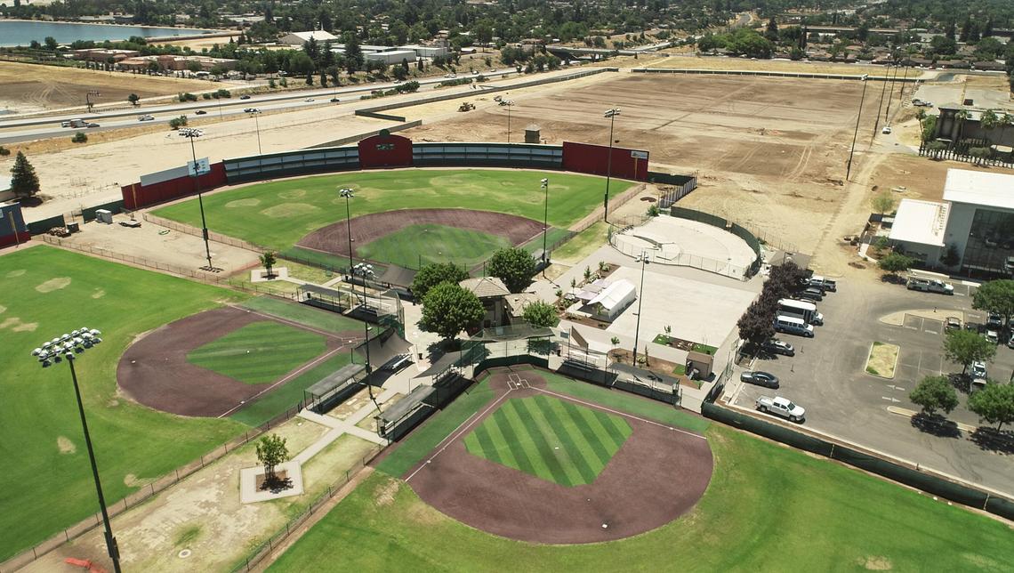 The baseball fields of the Granite Park sports complex are shown in this 2018 aerial photo. The sports complex sits between Cedar Avenue and Highway 41, north of Dakota Avenue, in east-central Fresno.