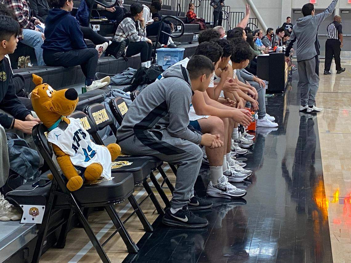 Scooby-Doo on the bench of the Mendota High boys basketball team on Saturday, Jan. 13, 2024.