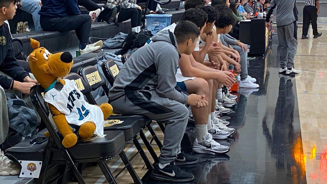Scooby-Doo on the bench of the Mendota High boys basketball team on Saturday, Jan. 13, 2024.
