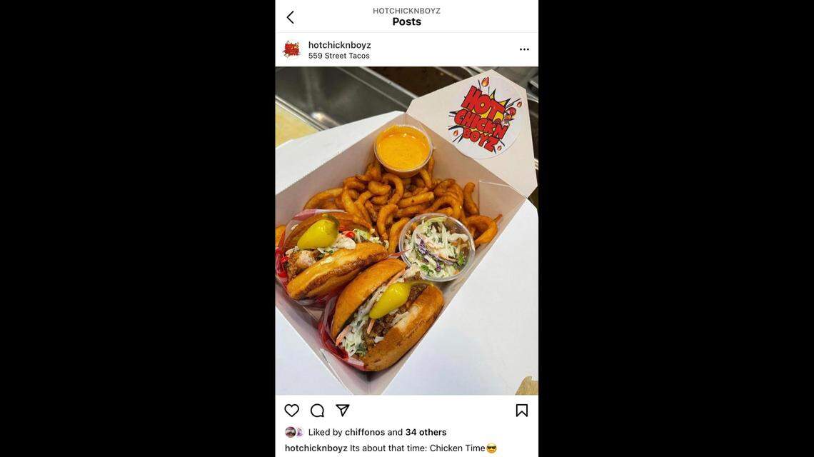 This chicken sandwich from Hot Chicken Boyz comes with curly fries and cole slaw and is available inside the 559 Taqueria at Cedar and Shepherd avenues.