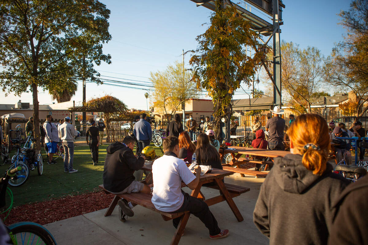 Peop;e gather in Fresno’s Tower District on Sunday, Nov. 29, 2020 for a fundraising event for the family of recently killed street vendor Jose Luis Rivera.