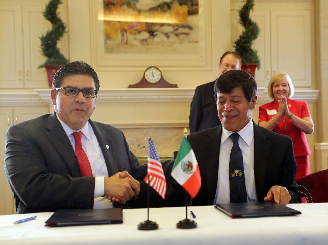 Dr. José Sergio Barrales Domínguez, rector (president) of Chipango University near México City visited Fresno State where he toured the university farm in September of 2015 before signing a agreement with Fresno State President Dr. Joseph I. Castro for an exchange of ag teachers and students.