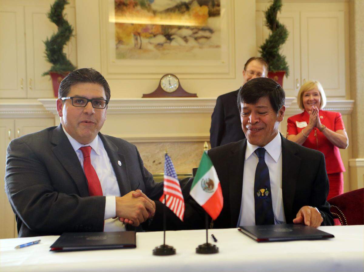 Dr. José Sergio Barrales Domínguez, rector (president) of Chipango University near México City visited Fresno State where he toured the university farm in September of 2015 before signing a agreement with Fresno State President Dr. Joseph I. Castro for an exchange of ag teachers and students.