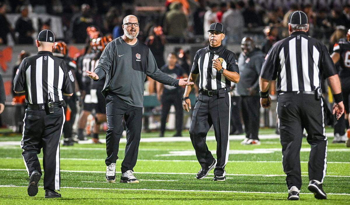 Central East coach Kyle Biggs argues with the refs in their game against Clovis at Koligian Stadium in Fresno on Friday, Oct. 24, 2025.