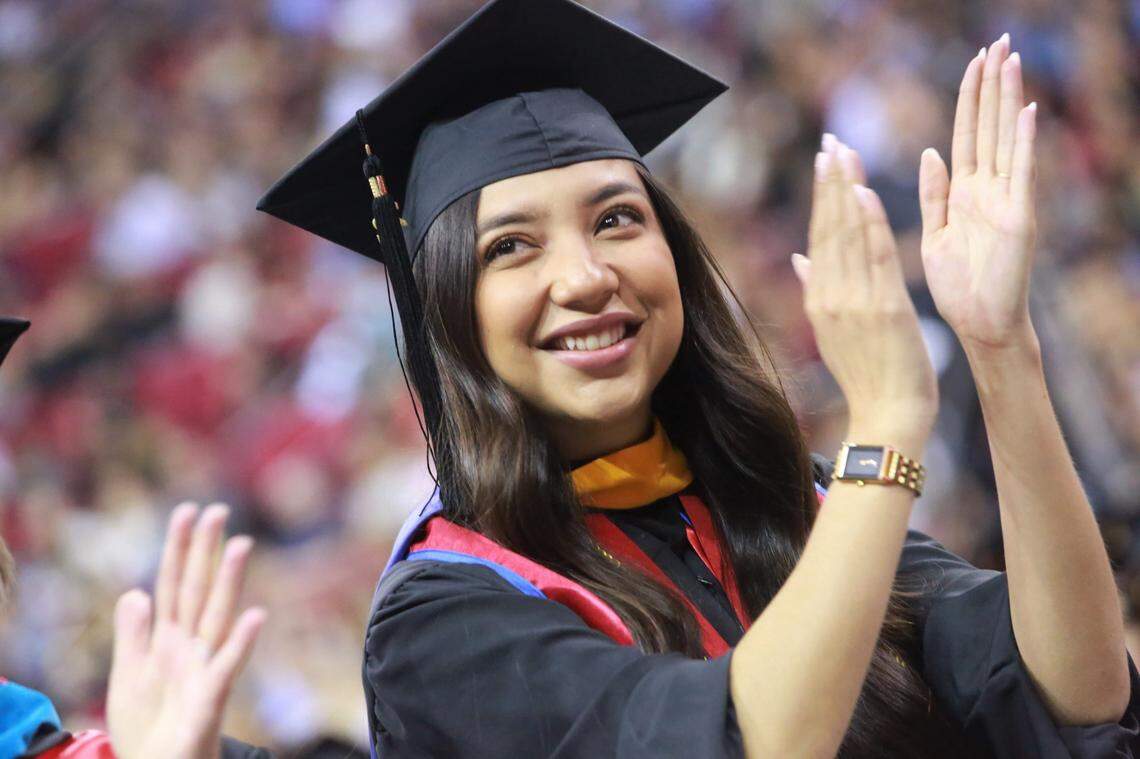 Fresno State’s Tania Castillo during the College of Social Sciences graduation ceremony Friday (May 20) morning at the Save Mart Center. Castillo was selected as the graduate dean’s medalist for the College of Social Sciences. She earned her master’s degree in criminology with a 4.0 GPA.