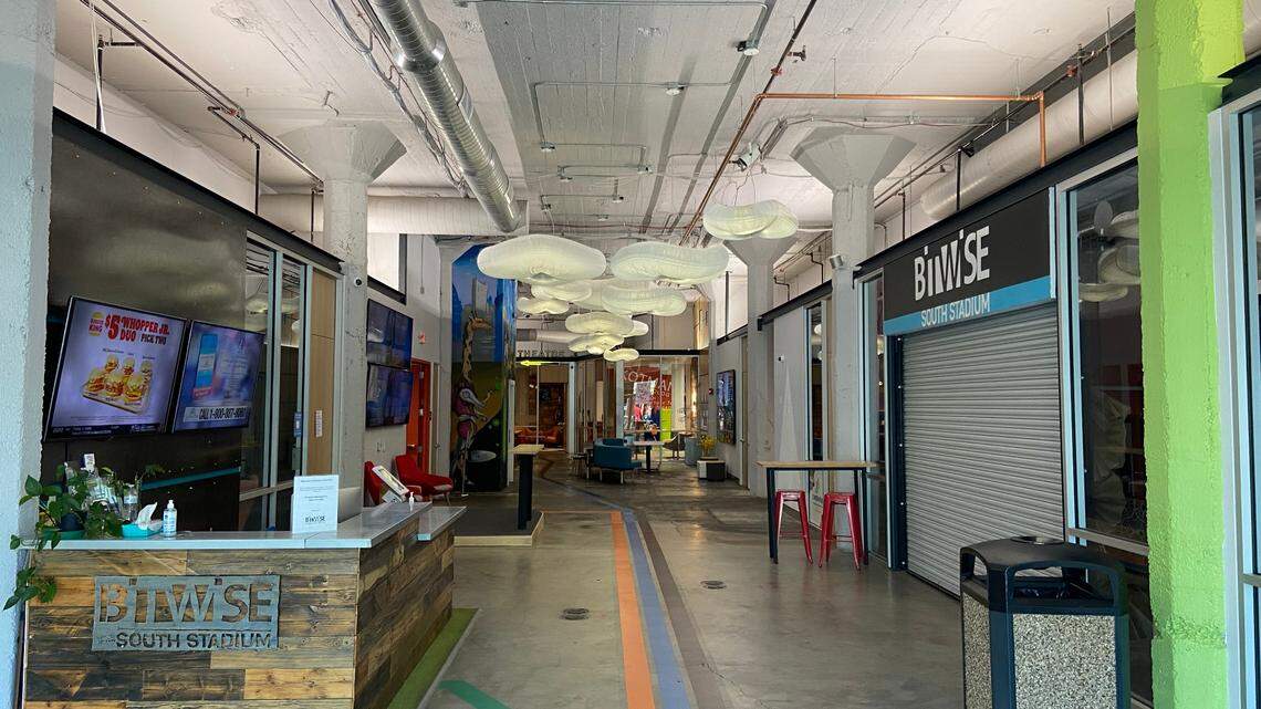 The empty main lobby of Bitwise South Stadium in downtown Fresno as seen Wednesday, May 31, 2023, two days after the tech services and real estate company announced it was furloughing its entire workforce.