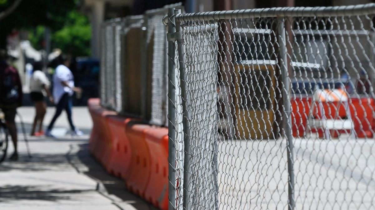 Fencing blocks off a construction zone to the plaza at Fulton and Mariposa streets Thursday, June 20, 2024 in downtown Fresno.