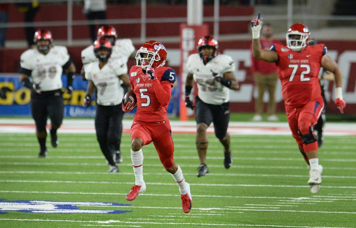 Fresno State freshman wideout Jalen Cropper takes off on an 82-yard run at Bulldog Stadium on Friday, Oct. 18, 2019. Cropper got to the UNLV 1-yard line and Josh Hokit scored on the next play to give the Bulldogs the lead for good, 14-10, in the second quarter.